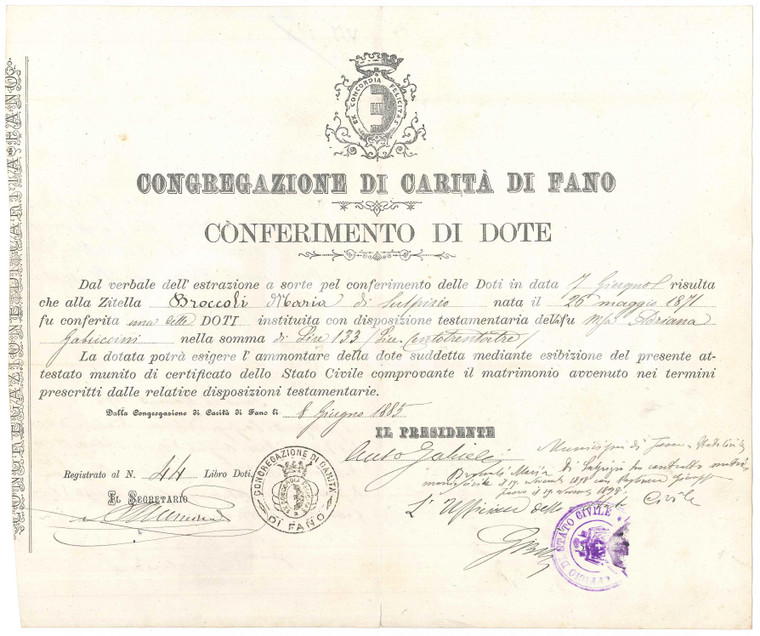 1885 FANO Congregazione di Carità - Conferimento dote a Maria BROCCOLI zitella