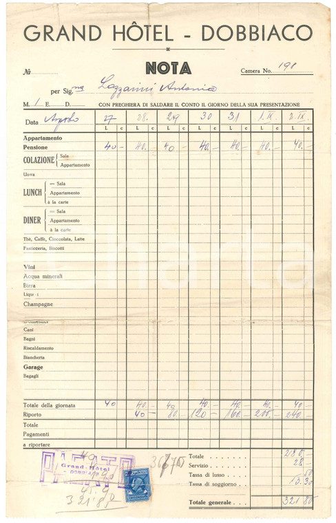 1935 ca DOBBIACO (BZ) Grand Hotel - Nota su carta intestata