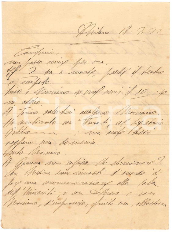 1922 MILANO Lettera don Giovanni MINOZZI per ciclo commemorazioni *AUTOGRAFO
