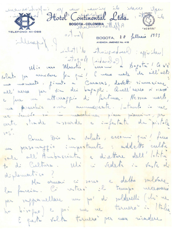 1959 BOGOTA' Lettera Gioacchino PAPARELLI direttore istituto Cultura *AUTOGRAFO