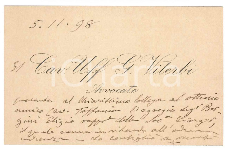 1896 PADOVA Cav. Uff. G. VITERBI avvocato - Biglietto da visita AUTOGRAFO