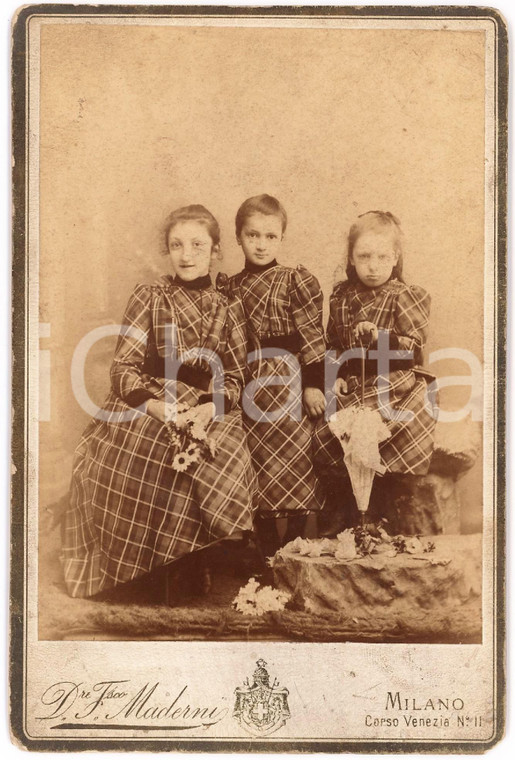 1890 ca MILANO Tre sorelle in abito a quadretti - Ritratto - Foto MADERNI 11x14