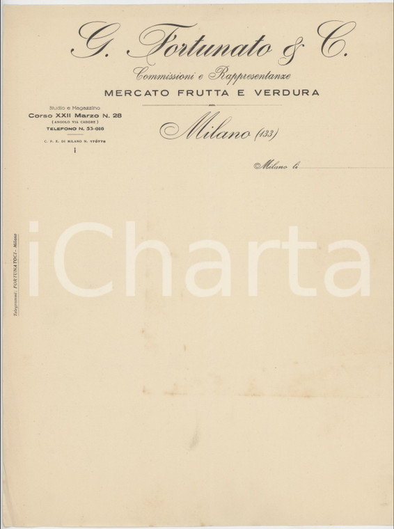 1920 ca MILANO - G. FORTUNATO & C. Mercato di frutta e verdura - Carta intestata