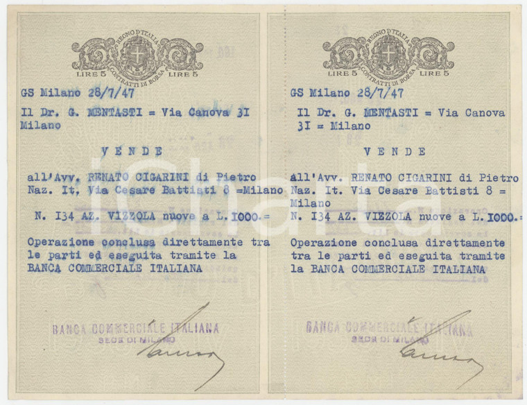 1947 MILANO - Banca Commerciale Italiana-  Vendita azioni - Ricevuta