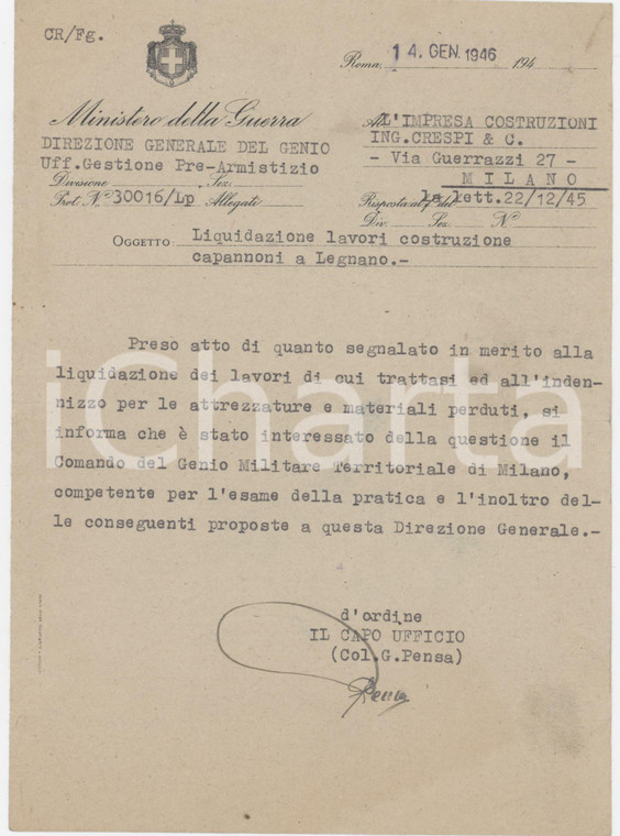 1946 MINISTERO DELLA GUERRA Liquidazione capannoni a LEGNANO Lettera 15x21