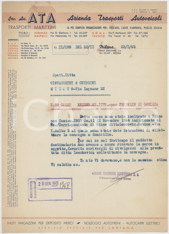 1945 MILANO - ATA Azienda Trasporti Autoveicoli Invio casse *Lettera commerciale
