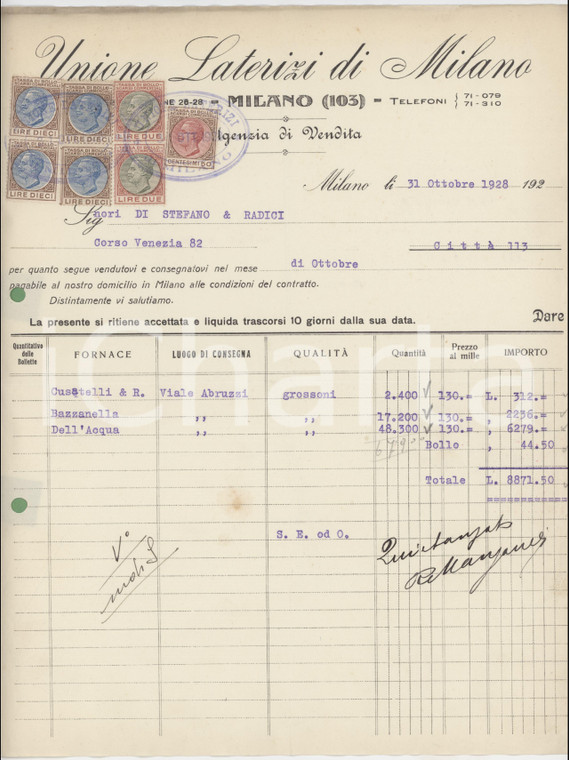 1928 MILANO - Unione Laterizi Agenzia di vendita - Fattura mattoni