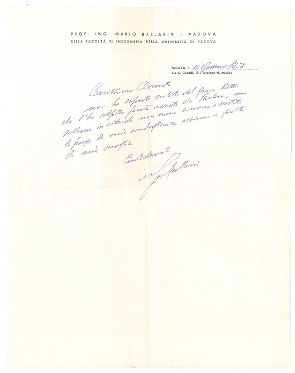 1977 Università di PADOVA Lettera prof. ing. Mario BALLARIN - AUTOGRAFO