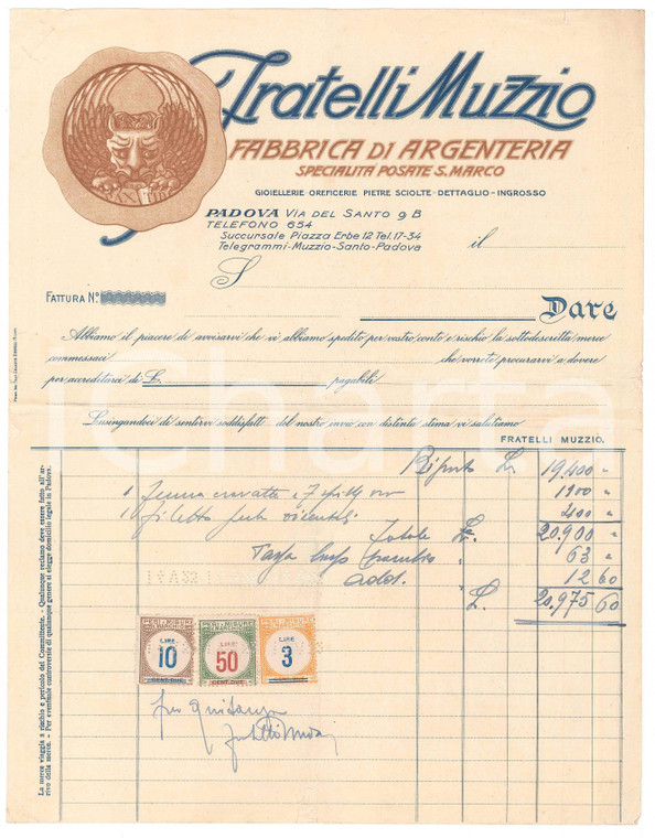 1940 ca PADOVA Via del Santo - Fratelli MUZZIO Fabbrica di argenteria - Fattura