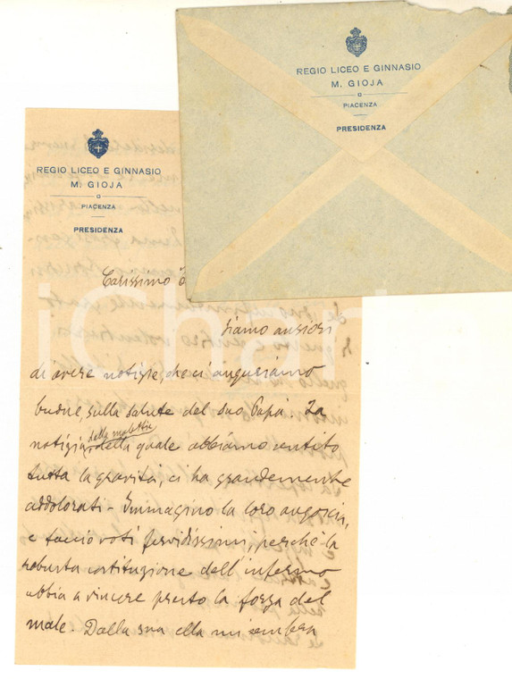 1920 PIACENZA Lettera Carlo STEINER - Preside Liceo M. GIOJA *AUTOGRAFO