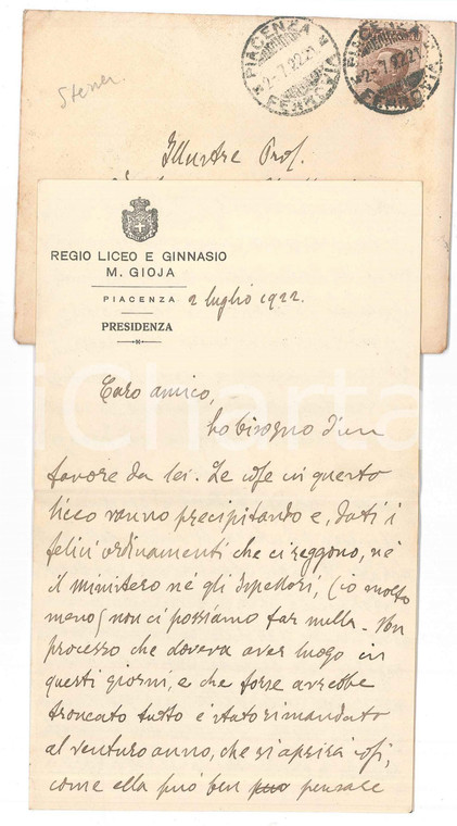 1922 PIACENZA Carlo STEINER chiede aiuto per un trasferimento - AUTOGRAFO