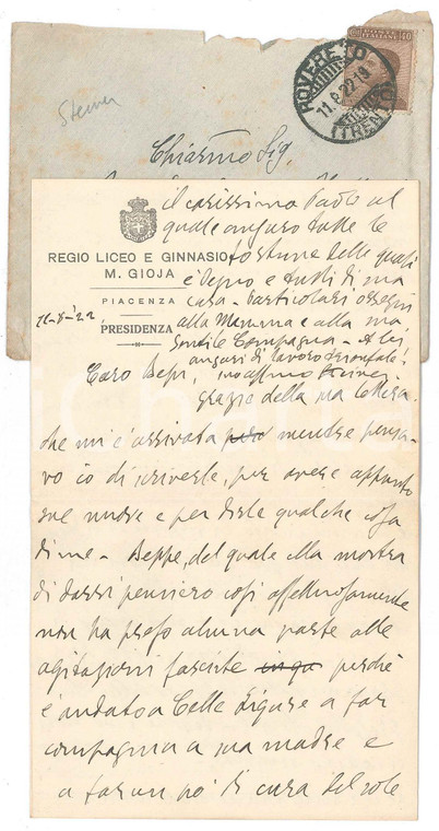 1922 PIACENZA Liceo GIOJA Carlo STEINER desidera il trasferimento - AUTOGRAFO