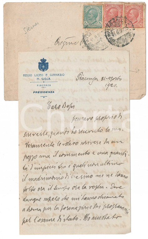 1920 PIACENZA Lettera Carlo STEINER - Preside Liceo GInnasio M. GIOJA *AUTOGRAFO
