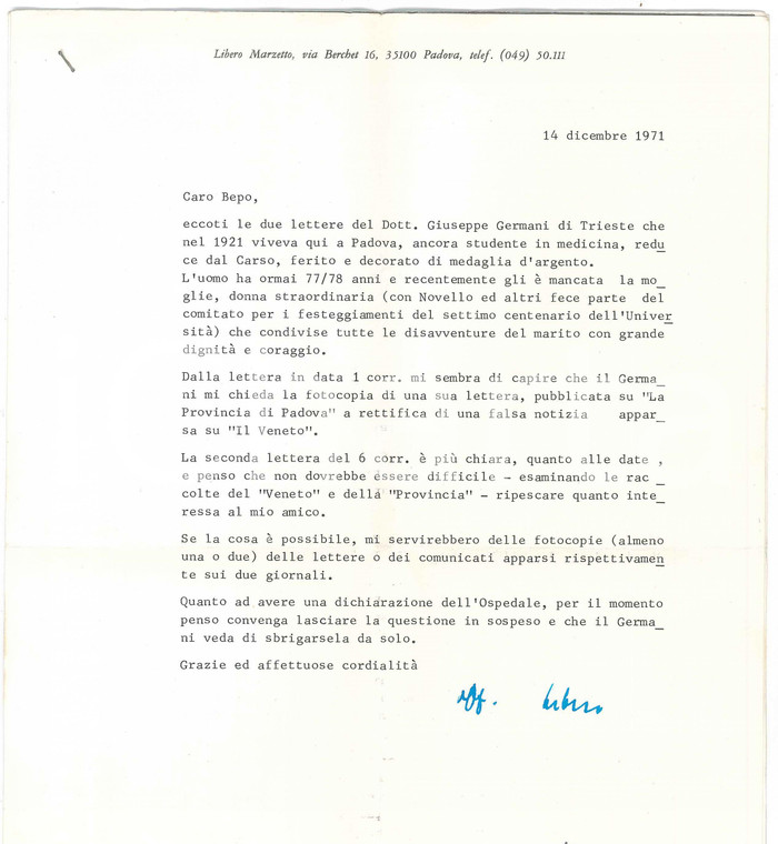 1971 PADOVA Lettera Libero MARZETTO per recupero di una lettera - AUTOGRAFO