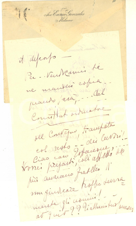 1955 MILANO Lettera Enrico GONZALES sull'invio di un articolo - AUTOGRAFO