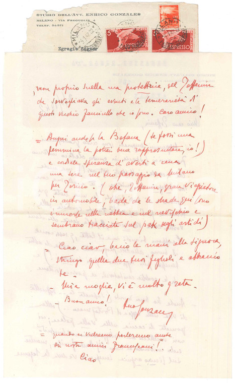 1947 MILANO Lettera Enrico GONZALES per ospitalità ricevuta - AUTOGRAFO