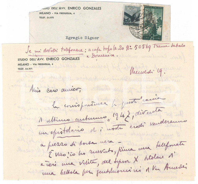 1947 MILANO Lettera Enrico GONZALES per invito da Marzotto rifiutato *AUTOGRAFO