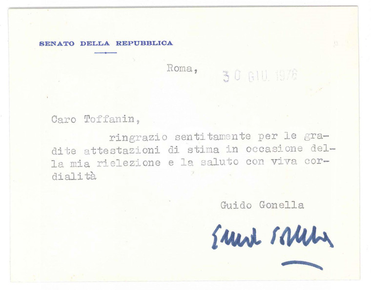1976 ROMA Senatore Guido GONELLA - Biglietto ringraziamento AUTOGRAFO