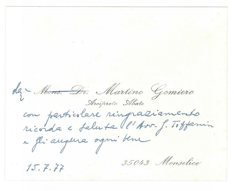1977 MONSELICE Mons. Martino GOMIERO vescovo - Biglietto da visita AUTOGRAFO