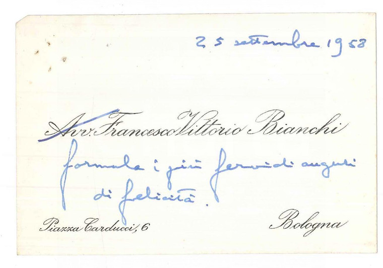 1958 BOLOGNA Francesco Vittorio BIANCHI avvocato - Biglietto da visita AUTOGRAFO