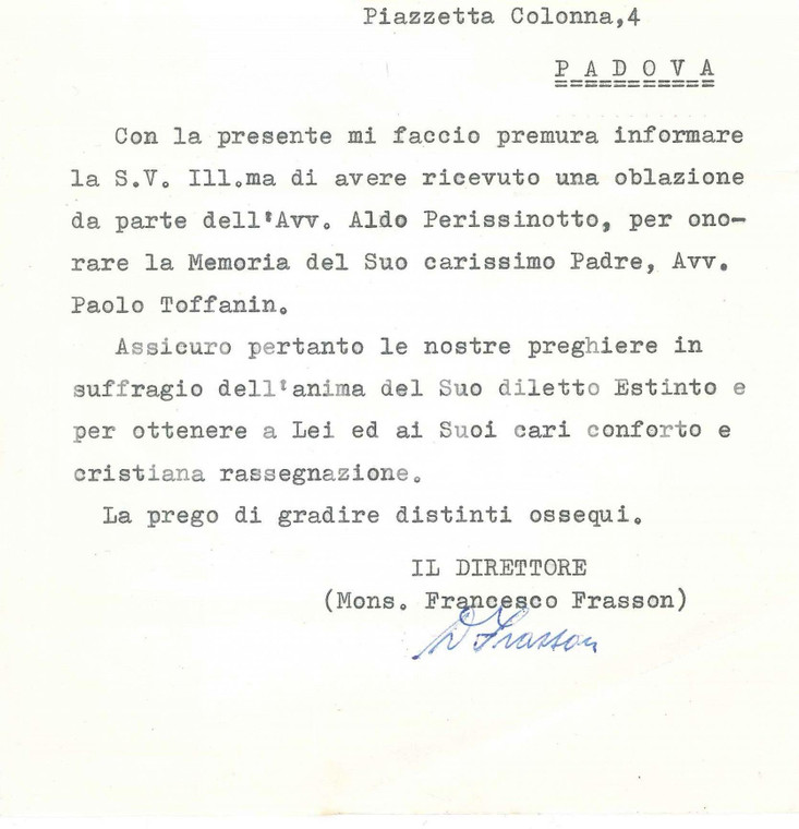 1971 PADOVA Mons. Francesco FRASSON - Opera Provvidenza S. ANTONIO - Autografo