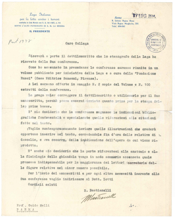 1938 ROMA LILT Lettera Raffaele BASTIANELLI per volume conferenze *AUTOGRAFO