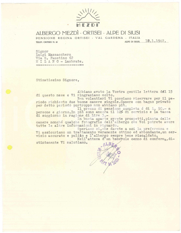 1942 ALPE DI SIUSI Albergo MEZDI' - Lettera con planimetria e pieghevole