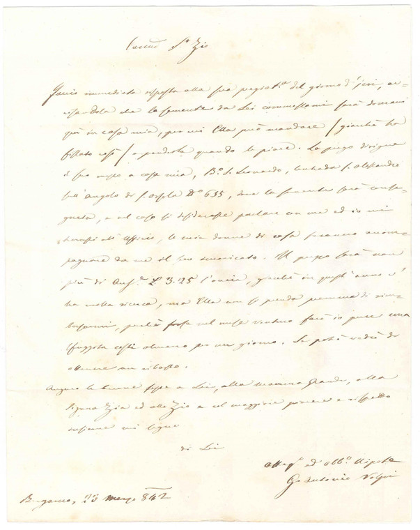 1842 BERGAMO Lettera G. Antonio VOLPI per la consegna di un ordine di sementi