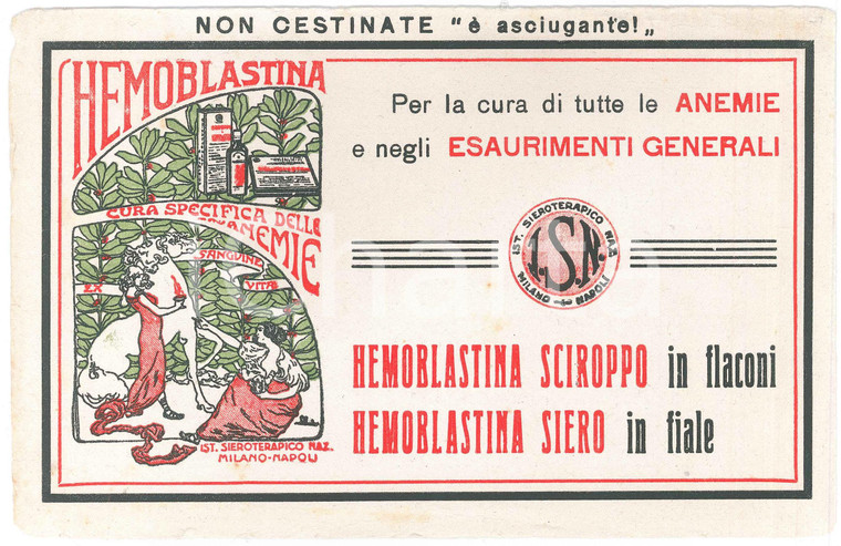 1930 FARMACEUTICA Istituto Sieroterapico - HEMOBLASTINA anemie *Carta assorbente