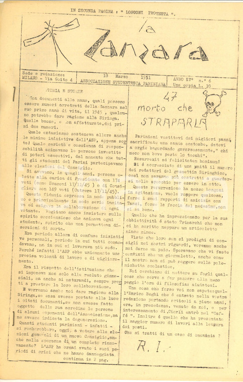 1951 MILANO LA ZANZARA Giornale studentesco PARINI - La corsa campestre *n°6