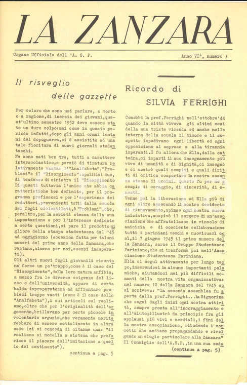 1952 MILANO LA ZANZARA Giornale studentesco PARINI - Silvia FERRIGHI - n°3