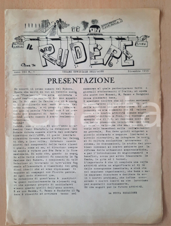 1955 MILANO IL RUDERE Giornale Liceo BECCARIA - Sciopero e riforme *Anno III n°1