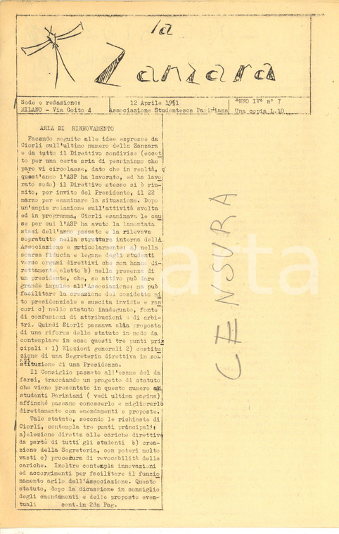 1951 MILANO LA ZANZARA Giornale studentesco PARINI - Progetto di Statuto *n°7