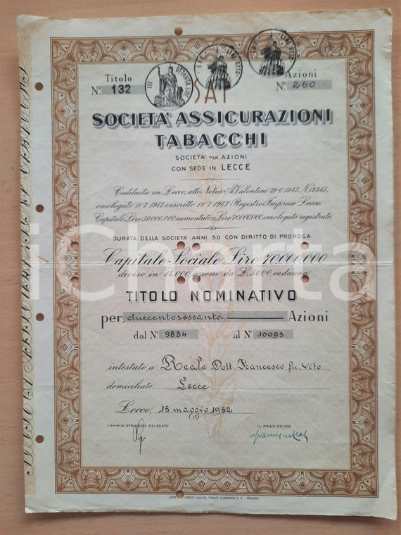 1952 LECCE Società Assicurazioni Tabacchi - Certificato azionario (11)