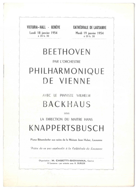 1954 GENEVE/LAUSANNE Beethoven par l'Orchestre Philarmonique de VIENNE Programme