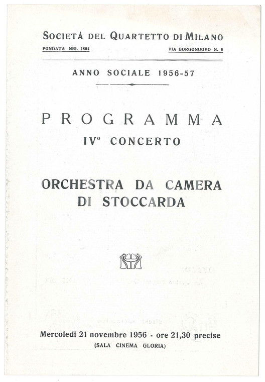 1956 MILANO Società del Quartetto - Orchestra da Camera di STOCCARDA *Programma