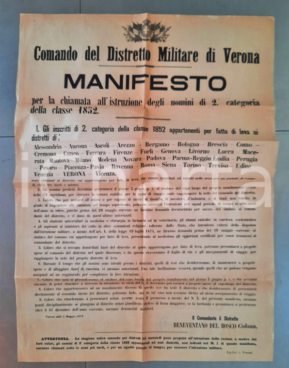1873 VERONA Distretto Militare - Chiamata all'istruzione - Manifesto 60x84 cm