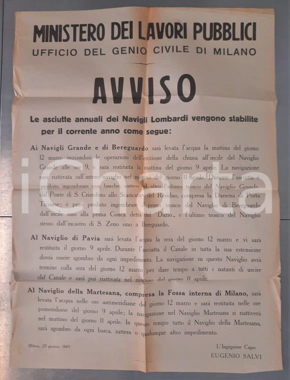 1949 MILANO Asciutte annuali dei Navigli Lombardi - Manifesto 50x68 cm
