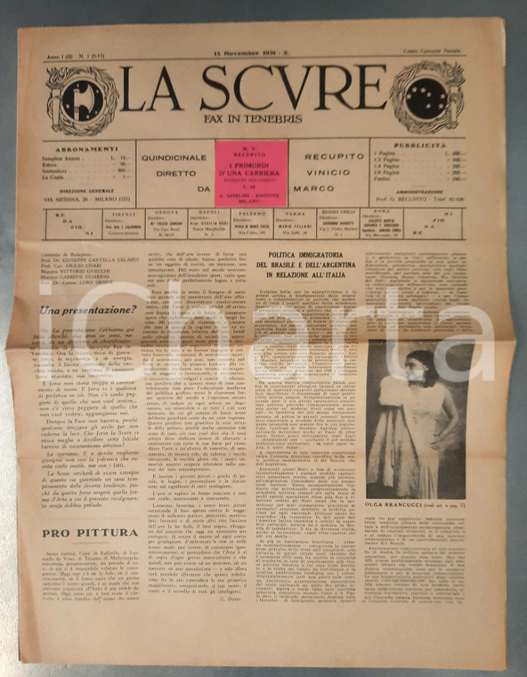 1931 LA SCURE Politica immigratoria del Brasile e Argentina *Anno I n° 1