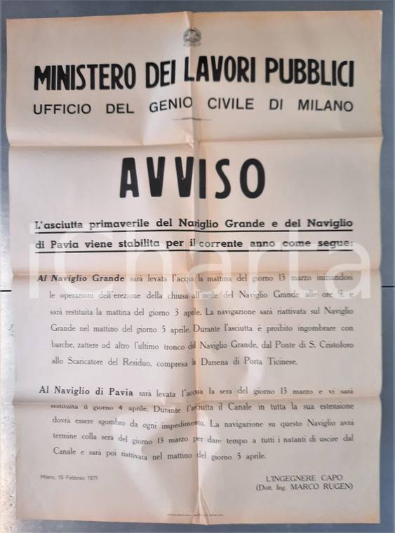 1971 MILANO Asciutta autunnale dei Navigli Lombardi - Manifesto 50x68 cm