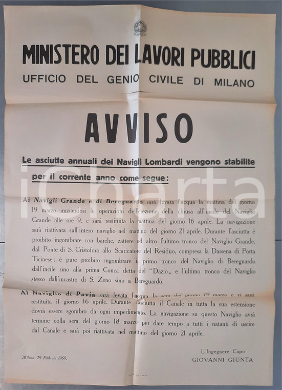 1960 MILANO Asciutte annuali dei Navigli Lombardi - Manifesto 50x68 cm
