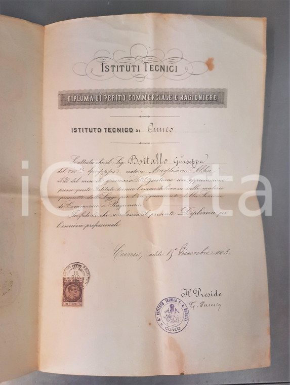 1908 CUNEO Istituto Tecnico - Diploma Giuseppe BOTTALLO perito commerciale