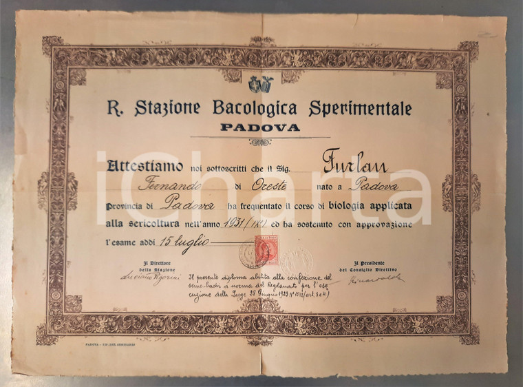 1931 PADOVA R. Stazione Bacologica Sperimentale - Attestato Fernando FURLAN