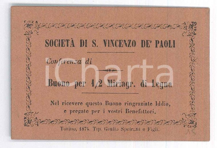 1874 TORINO Società San Vincenzo De' Paoli - Buono per 1/2 miriagrammo di legna