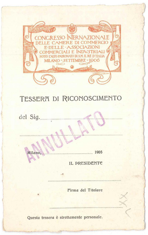 1906 MILANO Congresso internazionale Camere di Commercio - Tessera 8x14 cm