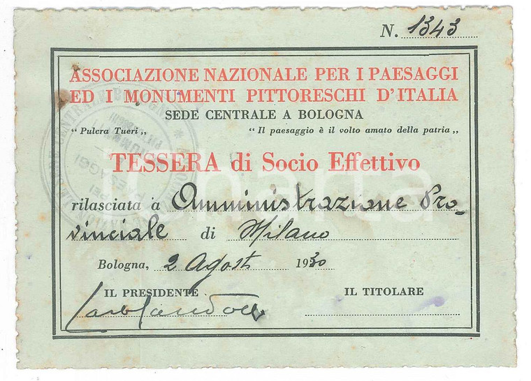 1930 BOLOGNA Associazione per paesaggi e monumenti pittoreschi d'Italia *Tessera