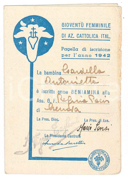 1942 GENOVA - AZIONE CATTOLICA Gioventù femminile - Sez. Regina Pacis - Tessera