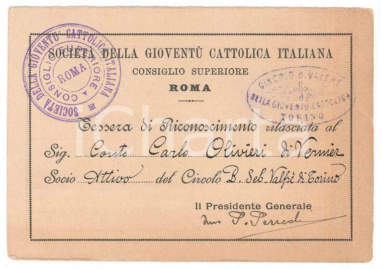 1904 TORINO Circolo VALFRÈ Gioventù cattolica Tessera Carlo OLIVIERI DI VERNIER