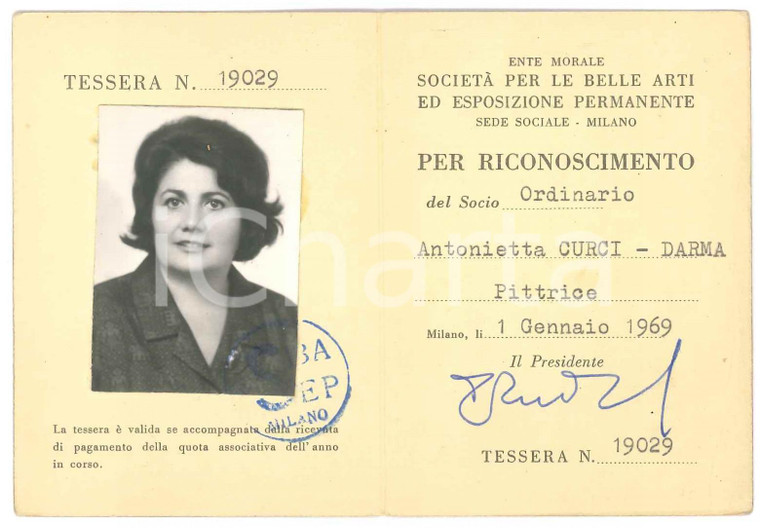 1969 MILANO Società belle arti - Tessera di Antonietta CURCI - DARMA con foto