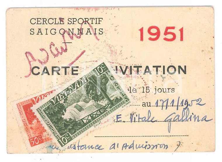 1951 SAIGON Cercle sportif saigonnais - Carte invitation Vitale Giovanni GALLINA
